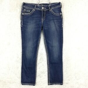 Silver Jeans Womens Suki Capri Blue Denim Whiskering Medium Wash Low Rise‎ 30